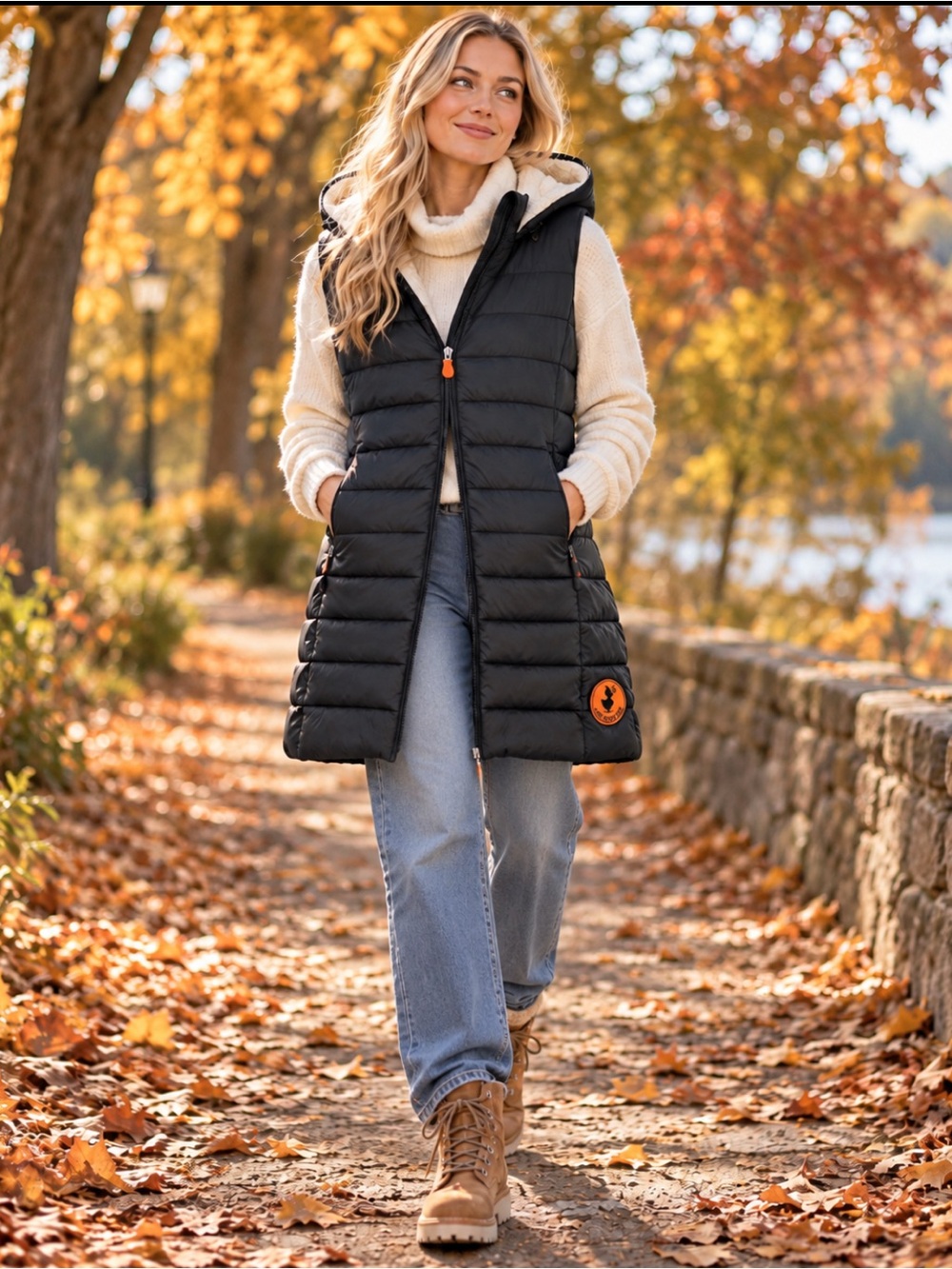 Save The Duck Black Long Puffer Vest Sherpa Hood | Size Small